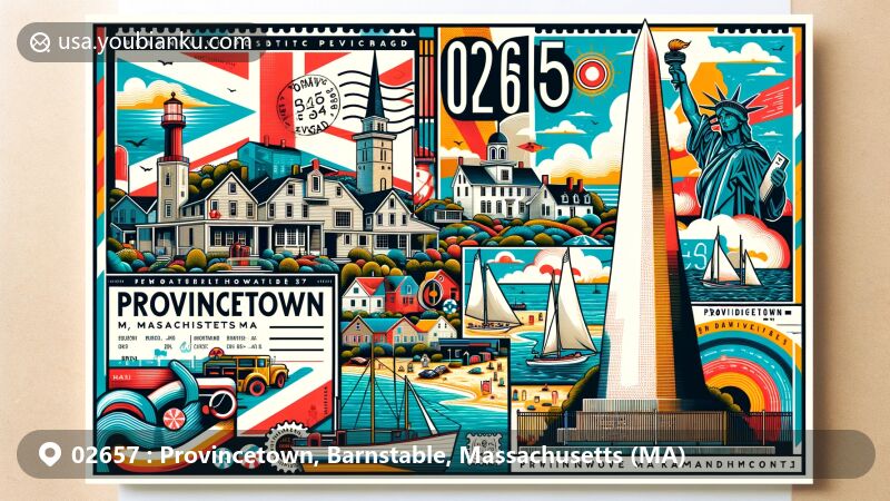 Modern illustration of Provincetown, Barnstable, MA, representing ZIP code 02657, featuring Pilgrim Monument, Provincetown Harbor, and artistic elements symbolizing the town's cultural and maritime history.