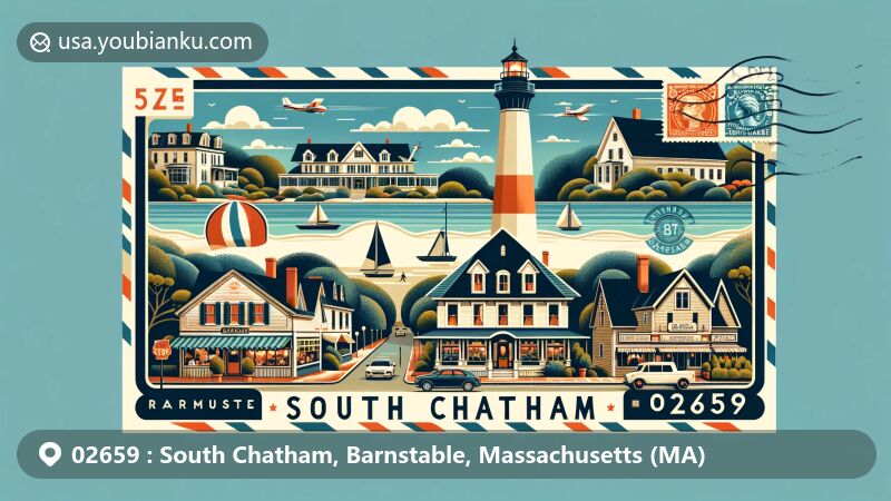Modern illustration of South Chatham, Massachusetts, displaying postal theme with ZIP code 02659, showcasing Chatham Lighthouse, diverse architectural styles, and vibrant Main Street.