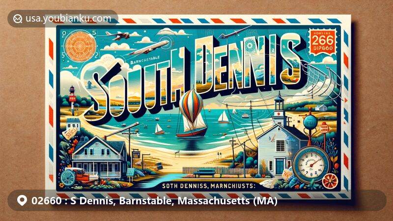 Modern illustration of South Dennis, Barnstable, Massachusetts, highlighting postal theme with ZIP code 02660, featuring Cape Cod's geography, sandy beaches, historic district elements, and nods to fishing traditions.