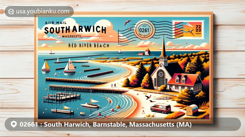 Modern illustration of South Harwich, Massachusetts, showcasing Nantucket Sound and Red River Beach, featuring historic South Harwich Meetinghouse and natural beauty of Hacker Wildlife Sanctuary.