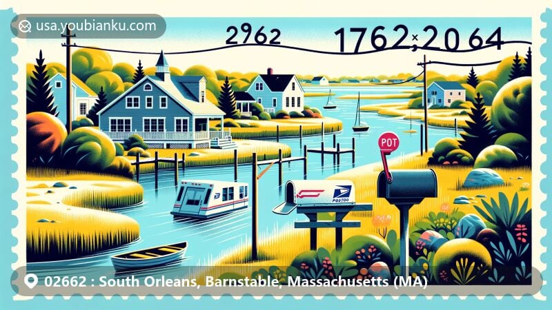 Modern illustration showcasing South Orleans, Massachusetts, depicting Cape Cod marshlands, ponds, and Rock Harbor, with postal theme including postmark, ZIP Code 02662, mailbox, and postal van.