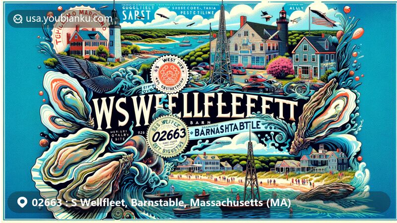 Modern illustration of S Wellfleet, Barnstable, Massachusetts, showcasing local features like oysters, Marconi's historic site, Cape Cod National Seashore, and gallery culture, with postal stamp and ZIP code 02663.