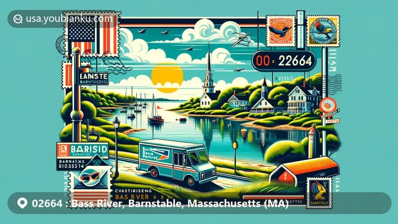 Modern illustration of Bass River, Barnstable, Massachusetts, with vibrant postcard-style frame featuring postal elements and state symbols, set against backdrop of serene waters and iconic landmarks.