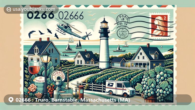 Modern illustration of Truro, Massachusetts (MA) with Highland Light, Truro Vineyards, Ballston Beach, and Jobi Pottery, in an airmail envelope design showcasing ZIP code 02666.