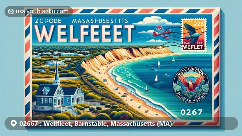 Modern illustration of Wellfleet, Barnstable County, Massachusetts, showcasing postal theme with ZIP code 02667, featuring Marconi Beach and Mass Audubon Wellfleet Bay Wildlife Sanctuary.