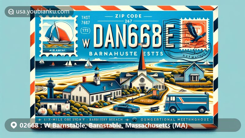 现代插图呈现马萨诸塞州巴恩斯特布尔县西巴恩斯特布尔邮政编码02668的景观和符号，包括桑迪内克屏障海滩、大沼泽和1717年公理会会堂，结合州旗、复古邮票、02668邮戳、邮筒和邮车元素。