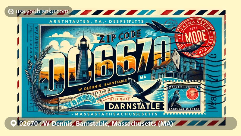 Modern illustration of W Dennis area, Barnstable County, Massachusetts, showcasing vintage air mail envelope design for ZIP code 02670, featuring iconic landmarks like Old King's Highway and Scargo Tower, with classic postal elements and Massachusetts state symbols.