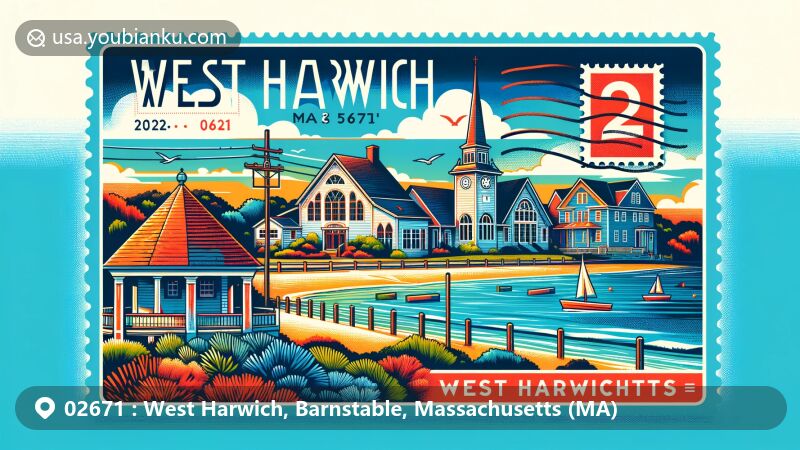 Modern illustration of West Harwich, Massachusetts, showcasing seaside charm with Cape Playhouse and Harwich Historical Society, featuring postcard style design with ZIP code 02671 and postal elements.