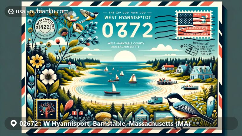 Modern illustration of West Hyannisport, Barnstable County, Massachusetts, showcasing postal theme with ZIP code 02672, featuring New England coastal landscape and state symbols like Mayflower, Chickadee, and American Elm. Design includes stamps, postmarks, mailbox, and mail truck, emphasizing postal theme with visual appeal and rich content.