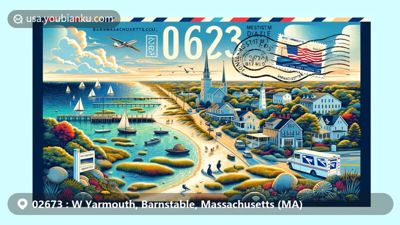 Modern illustration of W Yarmouth, Barnstable, Massachusetts, featuring scenic coastal charm with iconic landmarks, postal elements, and Massachusetts symbols.