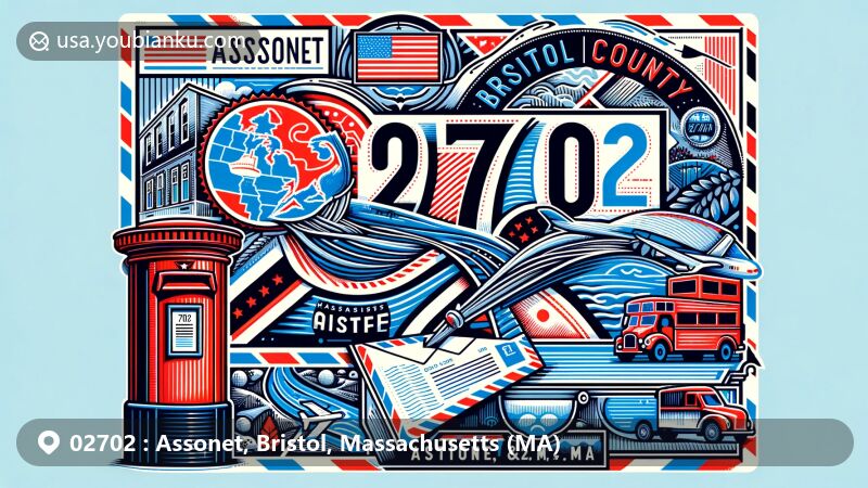 Modern illustration of Assonet, Bristol County, Massachusetts, highlighting postal theme with detailed airmail envelope showcasing Assonet River, Bristol County outline, and Massachusetts state symbols, including ZIP code 02702 stamp.