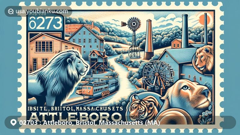 Modern illustration of Attleboro, Bristol County, Massachusetts, showcasing historical and cultural elements like Hebronville Mill Historic District, Attleboro Arts Museum, and Capron Park Zoo, with postage stamp border and ZIP code 02703.