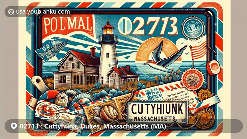 Illustration of Cuttyhunk, Dukes, Massachusetts postal theme with vintage airmail envelope showcasing ZIP code 02713 and Cuttyhunk, MA, featuring iconic symbols of Cuttyhunk Island, Cuttyhunk Light, coastal elements, and Massachusetts state flag in background.
