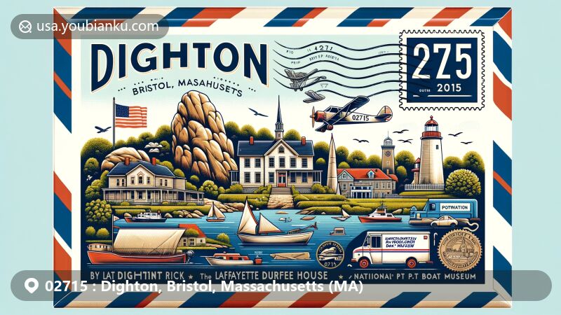 Modern illustration of Dighton, Bristol, Massachusetts, showcasing postal theme with ZIP code 02715, featuring Dighton Rock, Lafayette-Durfee House, and National PT Boat Museum.
