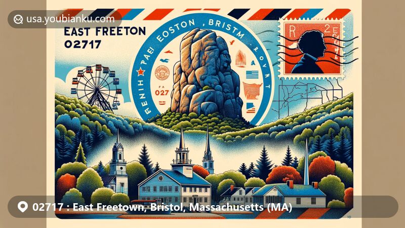 Modern illustration of East Freetown, Bristol County, Massachusetts, featuring Profile Rock and postal theme with Massachusetts state flag postage stamp on a red and blue airmail envelope, highlighted by colonial revival and Georgian architectural styles.