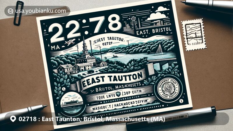 Modern illustration of East Taunton, Bristol County, Massachusetts, featuring Massasoit State Park, Taunton Green, and Hockomock Swamp, with historical references to iron production and 'Silver City' nickname, postal elements like stamp and ZIP code 02718.