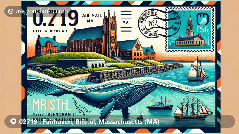现代插图，展示马萨诸塞州布里斯托尔县费尔黑文的部分特色，包括Unitarian Memorial Church，Fort Phoenix State Reservation和捕鲸传统元素。