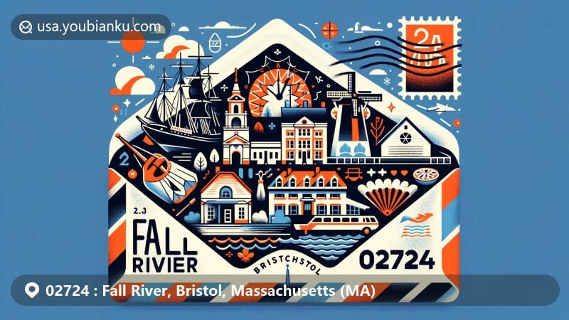 Modern illustration of Fall River, Bristol County, Massachusetts, featuring Battleship Cove, Lizzie Borden House, pastéis de nata, and postal elements with ZIP code 02724.