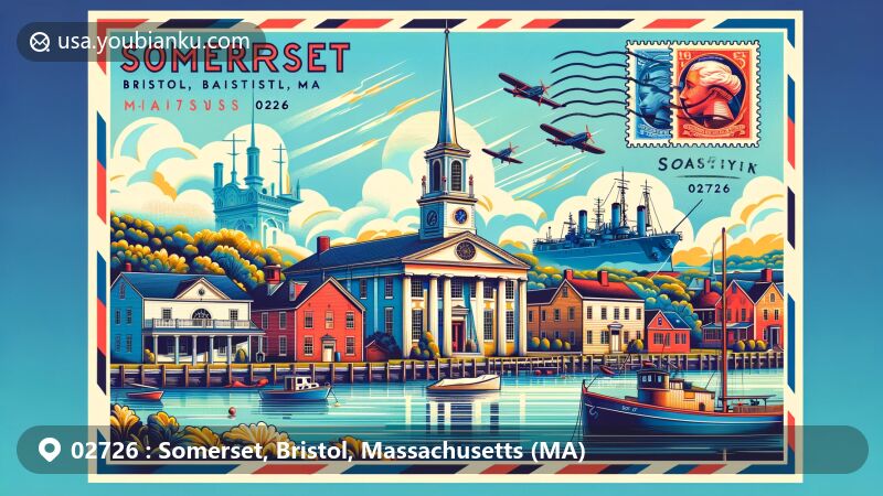 Contemporary illustration of Somerset Village Historic District in Somerset, Bristol, Massachusetts, featuring diverse architectural styles, USS Massachusetts silhouette, and Taunton River, with postal design elements like stamps and air mail envelope.
