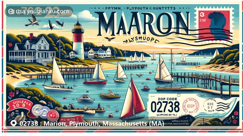 Modern illustration of Marion, Plymouth County, Massachusetts, highlighting coastal and sailing culture, featuring Buzzards Bay with sailboats and Sippican Harbor, incorporating postcard layout with postal elements and ZIP code 02738.