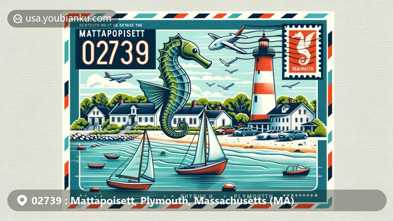 Modern illustration of Mattapoisett, Plymouth, Massachusetts, showcasing postal theme with ZIP code 02739, featuring Mattapoisett Harbor, Ned's Point Lighthouse, and Salty the Seahorse statue.