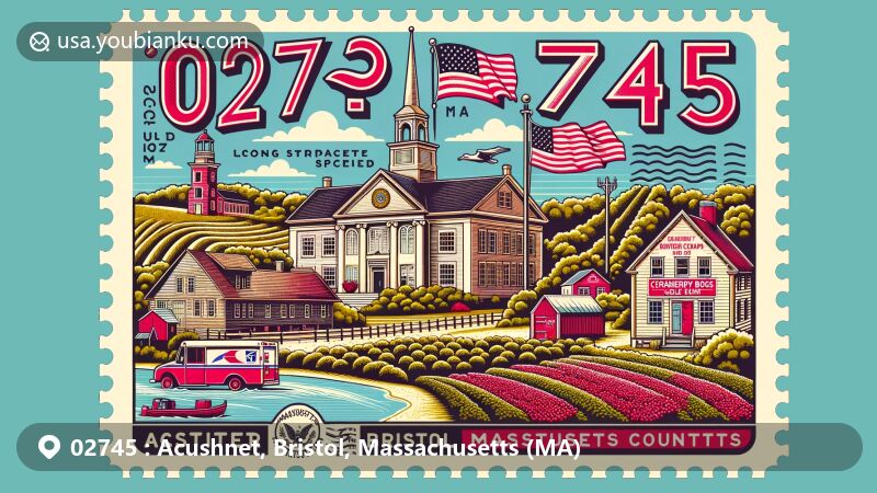 Modern illustration of Acushnet, Bristol, Massachusetts, featuring state flag, Long Plain School historic building, Stone Bridge Farm cranberry bogs, Acushnet River Valley Golf Course, and postal elements like stamps, ZIP code 02745, mailbox, and postmark.