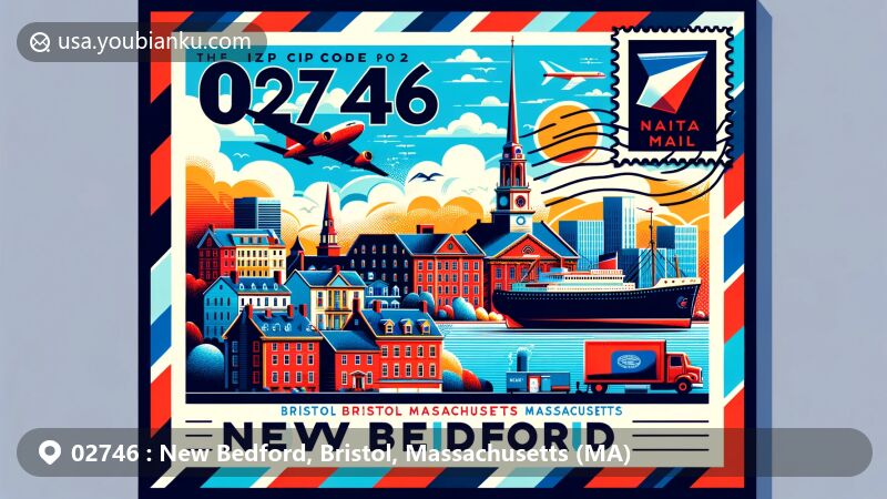Modern illustration of New Bedford, Bristol County, Massachusetts, showcasing historic district and whaling industry, featuring vibrant colors and postal elements with Massachusetts state flag stamp.