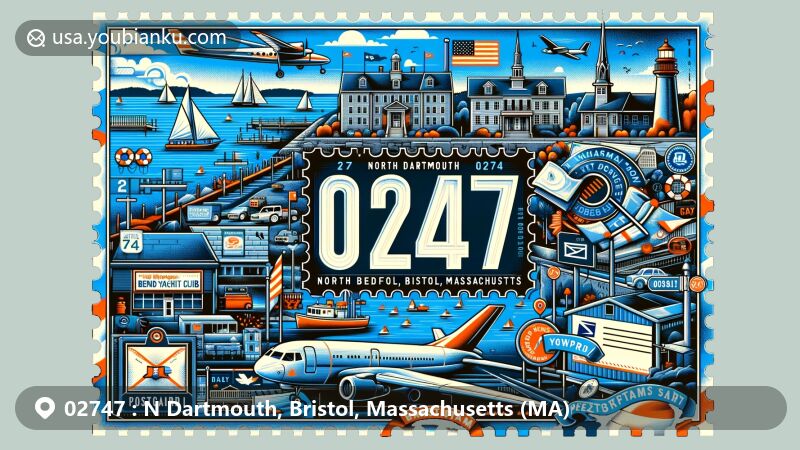 Modern illustration of North Dartmouth, Bristol County, Massachusetts, featuring postal theme with ZIP code 02747, showcasing New Bedford Yacht Club, historic villages, and Buzzards Bay.