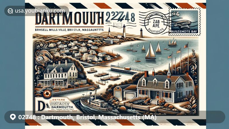 Modern illustration of Dartmouth, Bristol County, Massachusetts, featuring vintage airmail envelope layout with Buzzards Bay stamp, Russells Mills Village Historic District, and Dartmouth location map.
