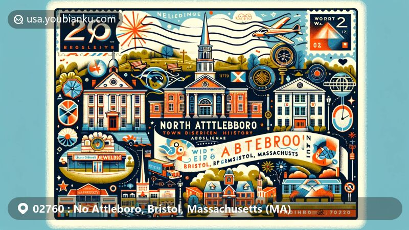 Modern illustration of North Attleboro, Bristol County, Massachusetts, featuring historic district with Colonial Revival and Classical Revival architectural styles, symbols of jewelry industry, World War I Memorial Park, Grace Episcopal Church, and postal elements with ZIP code 02760.