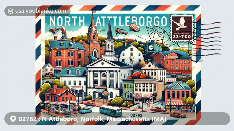 Modern illustration of North Attleboro area in Norfolk County, Massachusetts, blending 18th-century architecture, brick commercial buildings, WWI Memorial Park elements, and postal theme with ZIP code 02762.