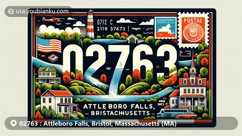 Illustration of Attleboro Falls, Bristol, Massachusetts, showcasing ZIP code 02763 with stylish design featuring historic buildings, greenery, and postal elements.