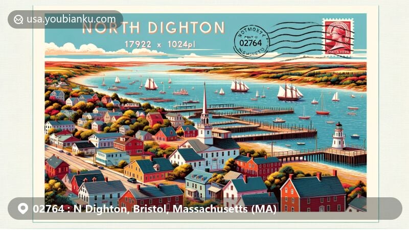 Modern illustration of North Dighton, Massachusetts, showcasing a blend of New England natural scenery and historic architecture, incorporating elements of 18th-century shipbuilding and the landscape of Narragansett Bay. Postal elements such as stamps, postmarks, and ZIP Code '02764' featured above postcard.