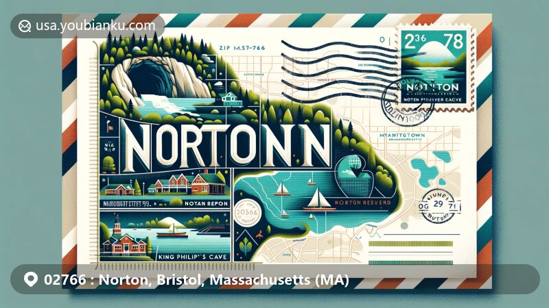 Modern illustration of Norton, Massachusetts, showcasing postal theme with ZIP code 02766, featuring King Phillip's Cave, Norton Reservoir, and Lake Winnecunnet, capturing town's community spirit.