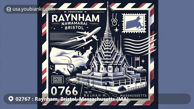 Modern illustration of Raynham, Bristol, Massachusetts, highlighting Thai Buddhist temple Wat Nawamintararachutis as a landmark, with airmail envelope theme and Massachusetts state symbols.