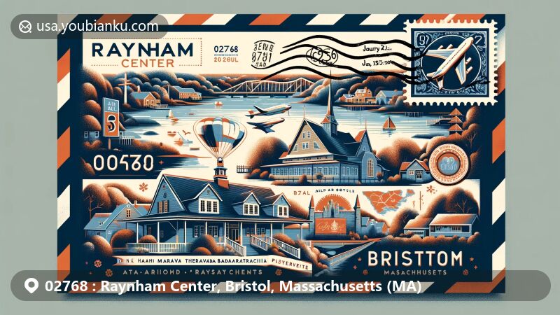 Modern illustration of Raynham Center, Bristol, Massachusetts, blending postal elements and local landmarks with ZIP code 02768, featuring Hannant House, Wat Nawamintararachutis temple and Milk Bottle restaurant.