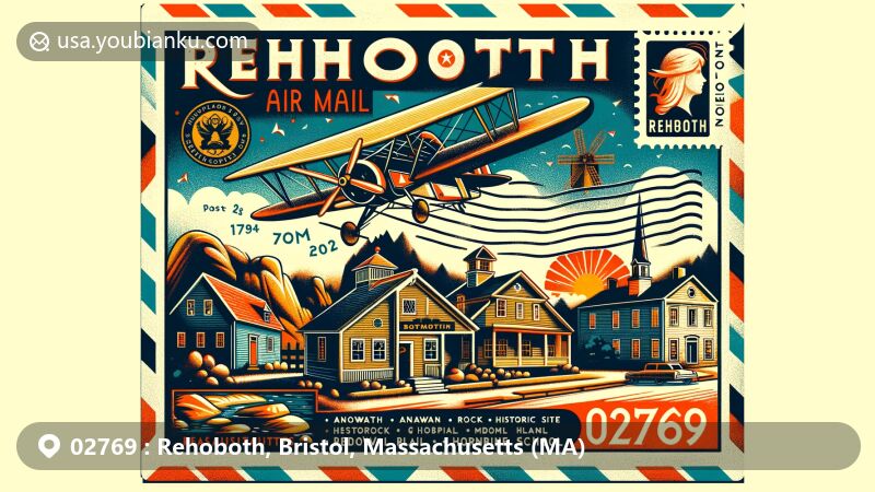 Modern illustration of Rehoboth, Massachusetts, ZIP Code 02769, featuring vintage air mail envelope design and key landmarks like Anawan Rock, Redway Plain, and Hornbine School.