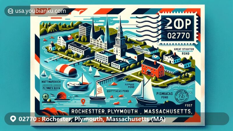 Modern illustration of Rochester, Plymouth, Massachusetts, depicting postal theme with ZIP code 02770, showcasing local geography like Mattapoisett and Sippican rivers, Great Quittacas Pond, and historical shipbuilding and whaling activities.