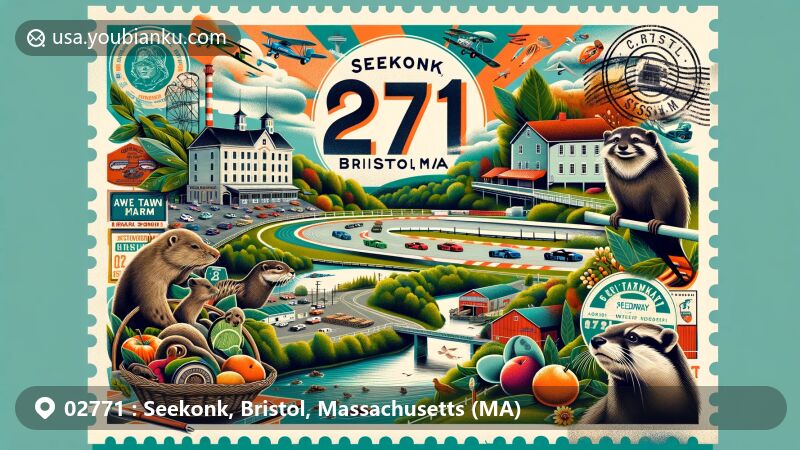 Creative modern illustration of Seekonk, Bristol County, Massachusetts, depicting postal theme with ZIP code 02771, featuring Seekonk Speedway and Caratunk Wildlife Refuge.