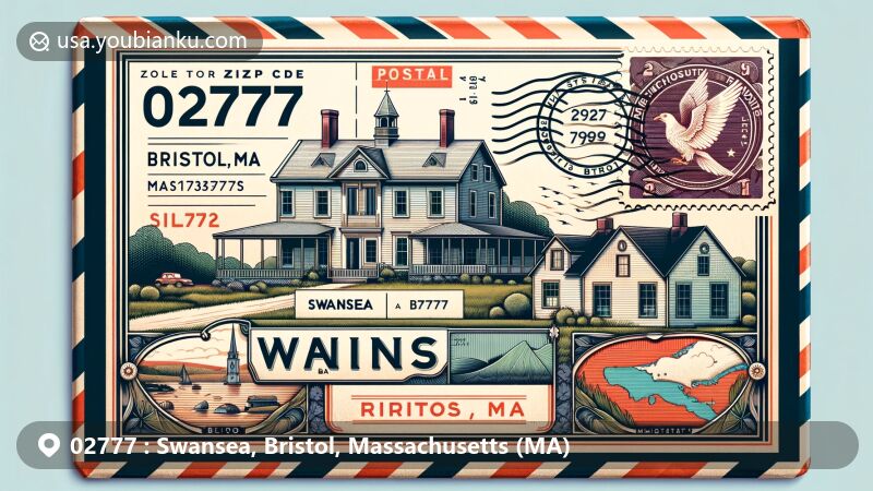 Modern illustration of Swansea, Bristol County, Massachusetts, featuring vintage-style airmail envelope showcasing Martin House and Farm, Massachusetts state flag, and '02777' ZIP code.