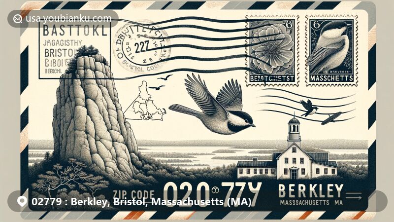 Modern illustration of Berkley, Bristol, Massachusetts, featuring vintage airmail envelope with Dighton Rock, Black-capped Chickadee, and Massachusetts state symbols.