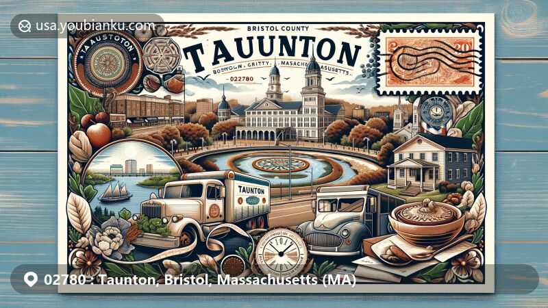Modern illustration of Taunton, Bristol County, Massachusetts, featuring Taunton Green, Massasoit State Park, Taunton River, and vintage 'Silver City' motif, with postal theme including '02780' stamp and postcard design.