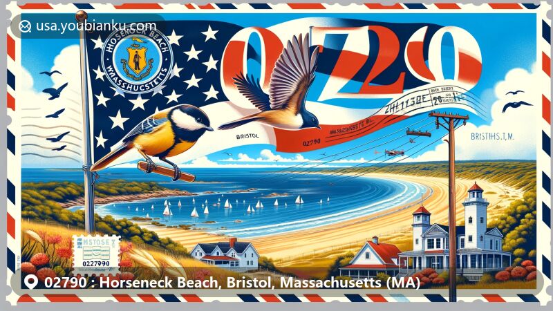 Modern illustration of Horseneck Beach, Bristol, Massachusetts, depicting postal theme with ZIP code 02790, showcasing coastal charm and natural beauty, including Horseneck Beach State Reservation, Massachusetts state symbols, and local wildlife.