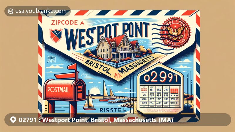 Modern illustration of Westport Point, Bristol County, Massachusetts, showcasing postal theme with ZIP code 02791, featuring historic architecture and Massachusetts state symbols.