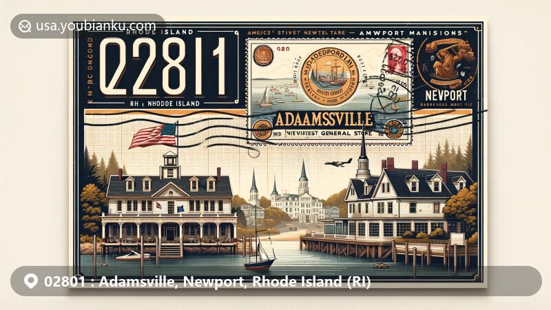 Modern illustration of Adamsville, Newport, Rhode Island, showcasing ZIP code 02801 with state flag, Gray's Store, Newport Mansions, and coastal landscape.