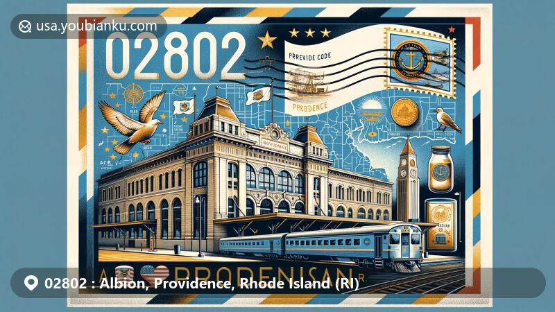 Modern illustration of Albion, Providence, Rhode Island, featuring historic Providence Train Station, state symbols like flag and state bird, detailed map outline, and postal elements.
