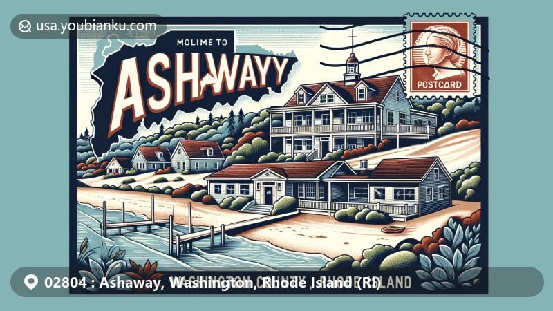 Modern illustration of Ashaway village, Washington County, Rhode Island, showcasing traditional architecture and natural scenery, incorporating Washington County outline and Rhode Island state flag, with postal theme including ZIP code 02804.