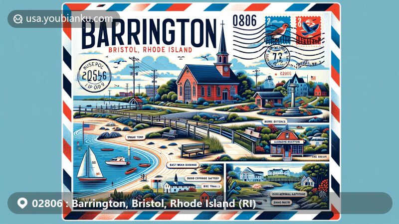 Modern illustration of Barrington, Bristol, Rhode Island, showcasing postal theme with ZIP code 02806, featuring Barrington Town Beach, Sowams Heritage District, East Bay Bike Path, Audubon Society of Rhode Island, Haines Memorial State Park, Osamequin Nature Trails, and Doug Rayner Wildlife Refuge.