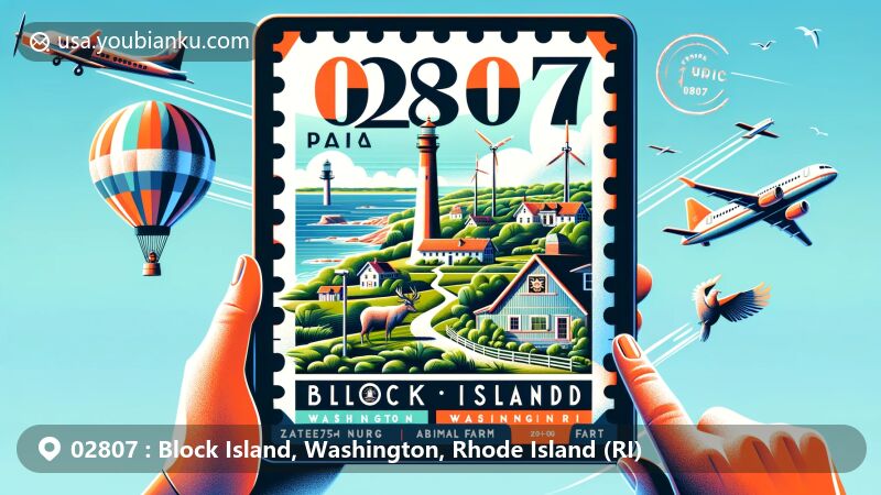 Modern illustration of Block Island, Washington, Rhode Island, highlighting ZIP code 02807 with a postal theme, featuring Mohegan Bluffs, Southeast Lighthouse, Abrams Animal Farm's zedonk, and Block Island Wind Farm.