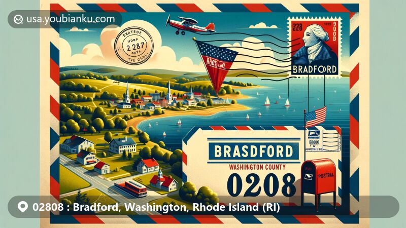 Modern illustration of Bradford, Washington County, Rhode Island, featuring postal theme with ZIP code 02808, showcasing small-town charm with hills, shoreline, downtown area, and postal elements like vintage stamp and red mailbox.